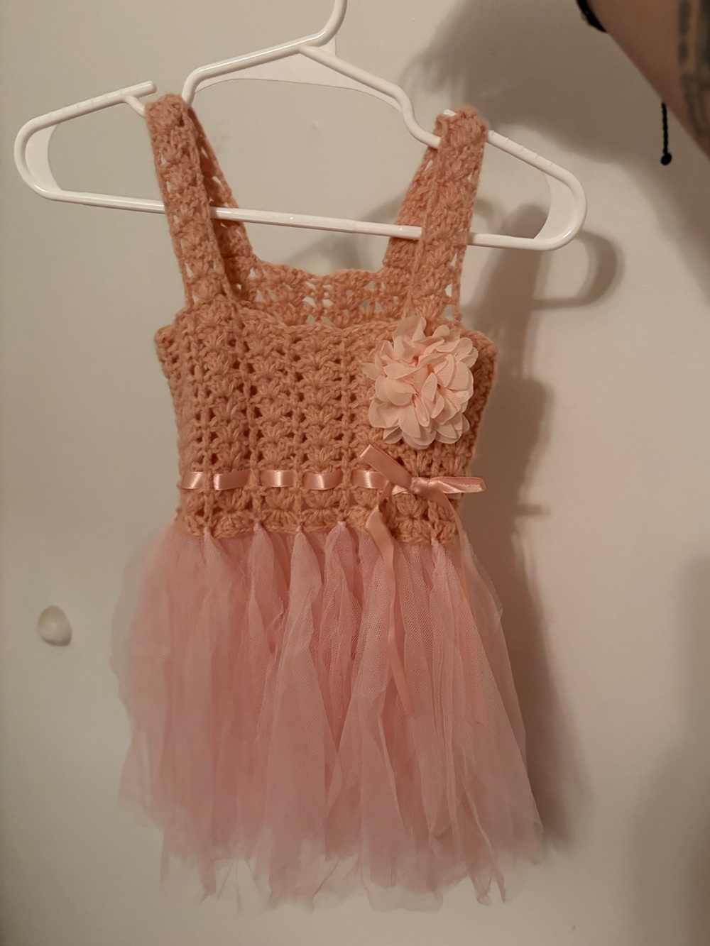 Girls Pink Crochet Tulle Dress with Flower Accent